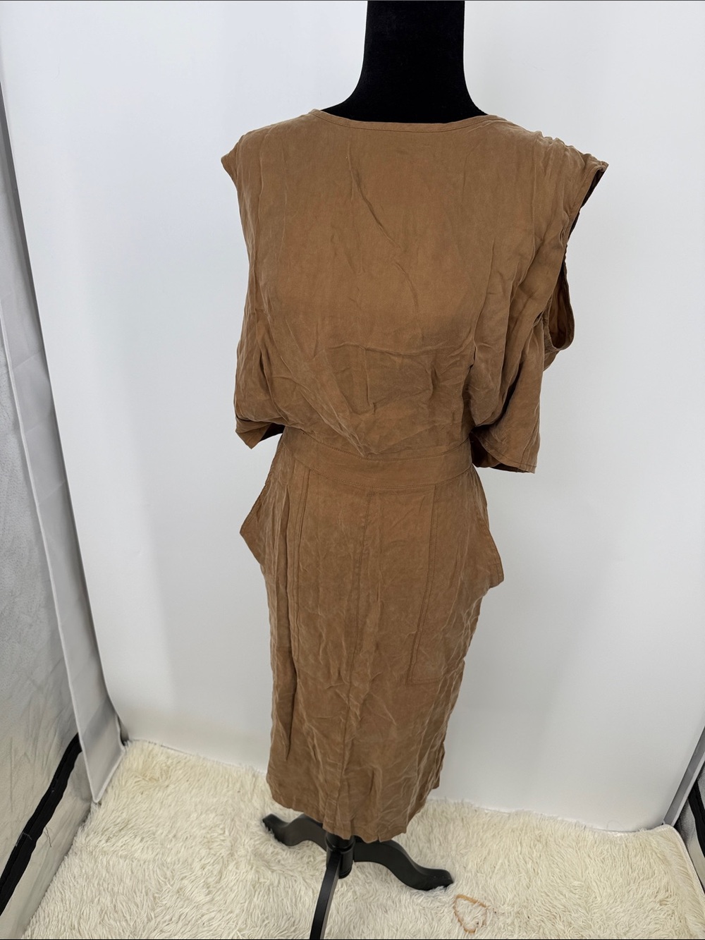 C Luce Camel Draped Doleman Sleeve Dress size Large